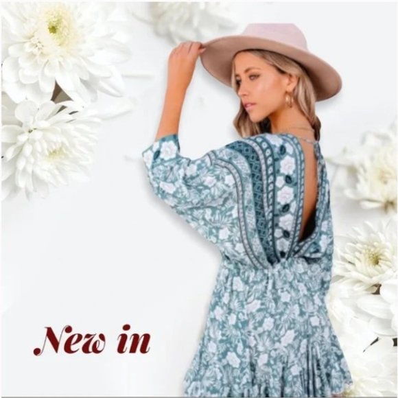 Boho Floral‎ Print Mini Dress V Neck 3/4 Sleeve Summer Beach Vacation - Picture 2 of 2